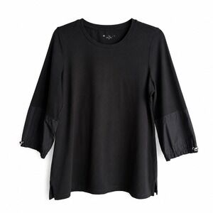 E.L.I Mixed Media Balloon Sleeve Top Women Medium Black Minimalist Quiet Luxury